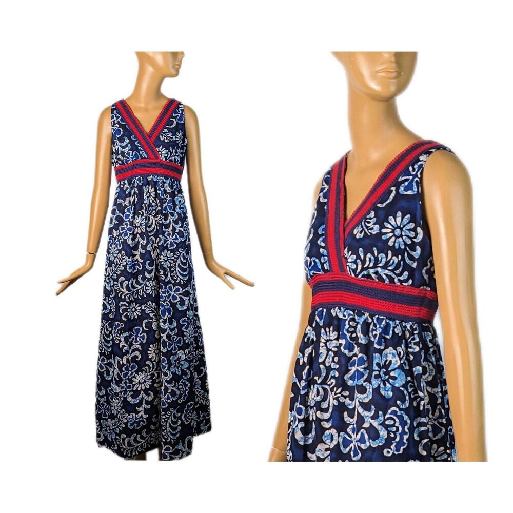 Keone sportswear Hawaiian tiki maxi dress crochet detail vintage 1960s gown